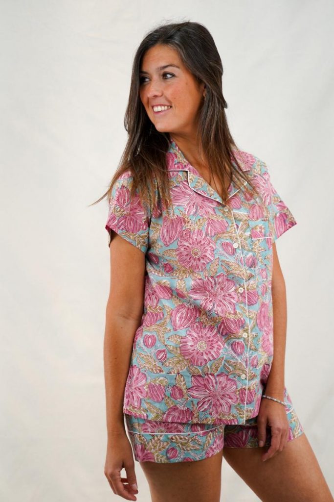 Pijama corto de algodón para mujer floral azul celeste, verde y rosa